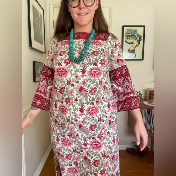 70s Vintage Ramona Rull Bird Print Mirrored Caftan - Picture 3 of 9